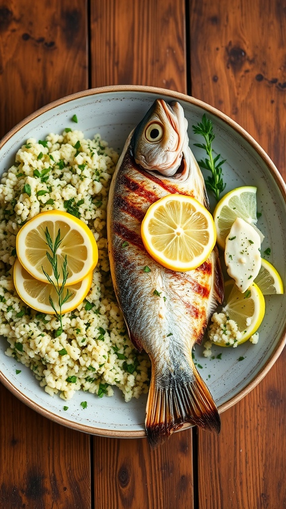 Grilled branzino with lemon slices on a plate beside zesty lemon herb couscous.